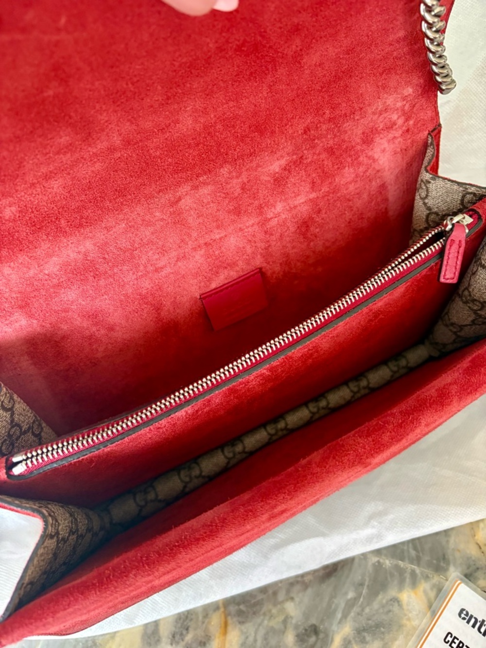 CERTIFIED GUCCI Dionysus Beige GG Supreme Canvas Shoulder Bag Red Suede Stripe ! - Picture 6 of 15